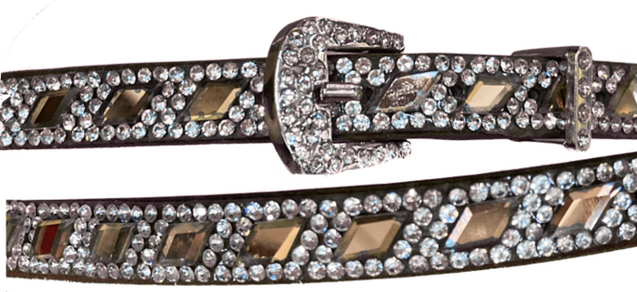 Western style leather hat band with White and Brown diamond shaped crystals and a Western style buckle.