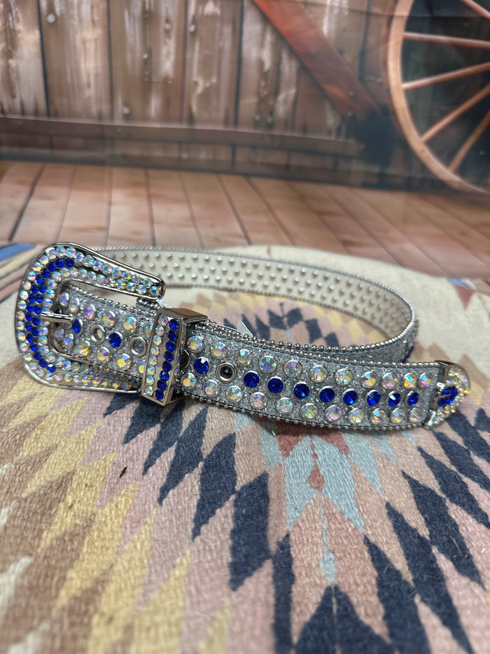 Women's Royal Blue and Clear studded stones bling belt with a Silver western style buckle.