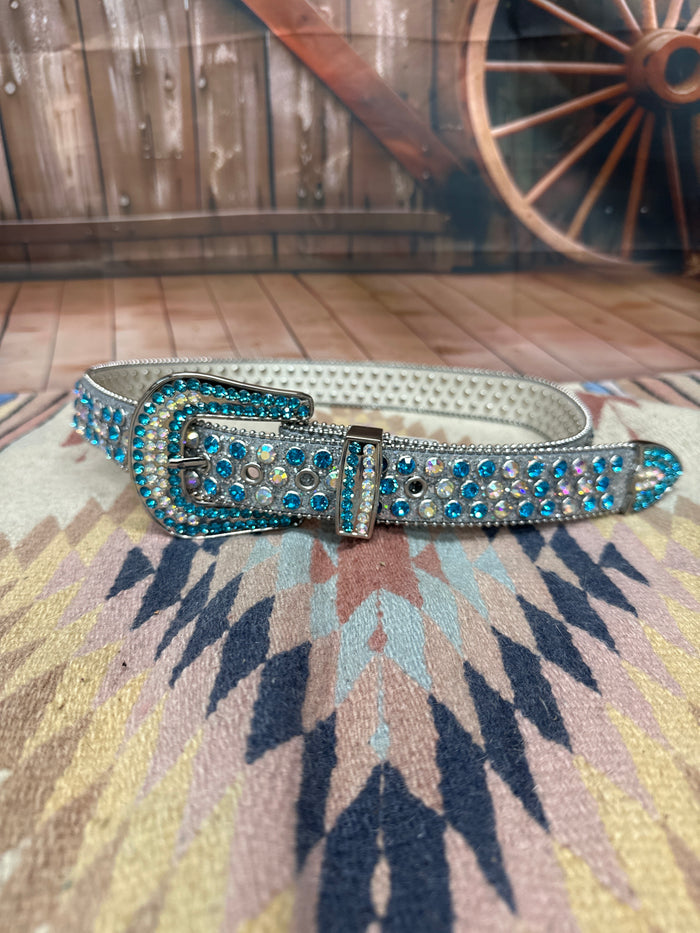 Top Notch Accessories Women's Silver Leather Belt with Turquoise Rhinestones