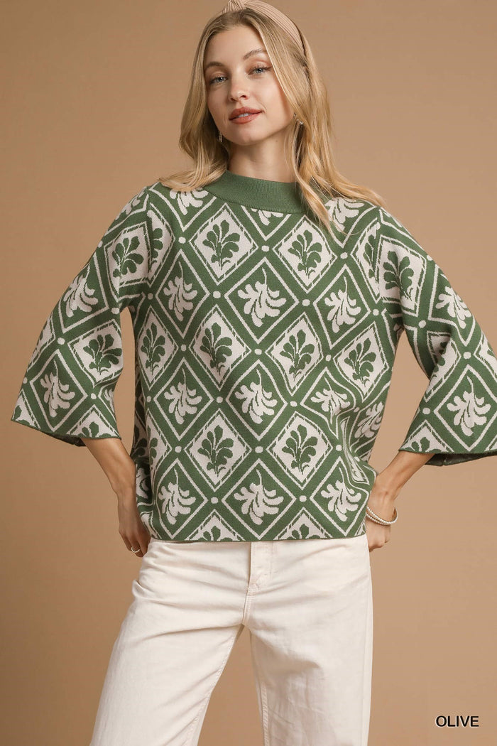 Umgee Abstract Print Mock Neck Sweater In Olive