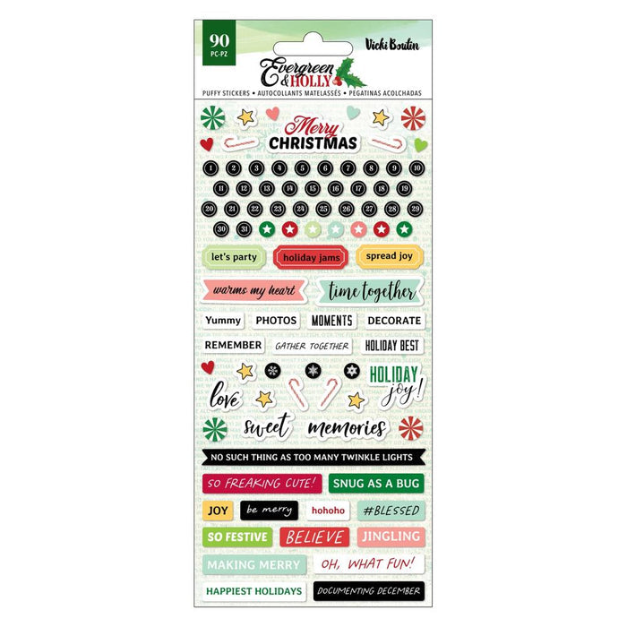 Vicki Boutin - Puffy Stickers - 90/Pkg - Evergreen & Holly. This package contains Vicki Boutin Evergreen & Holly Mixed Puffy Stickers, 90 pieces. Imported. Available at Embellish Away located in Bowmanville Ontario Canada.