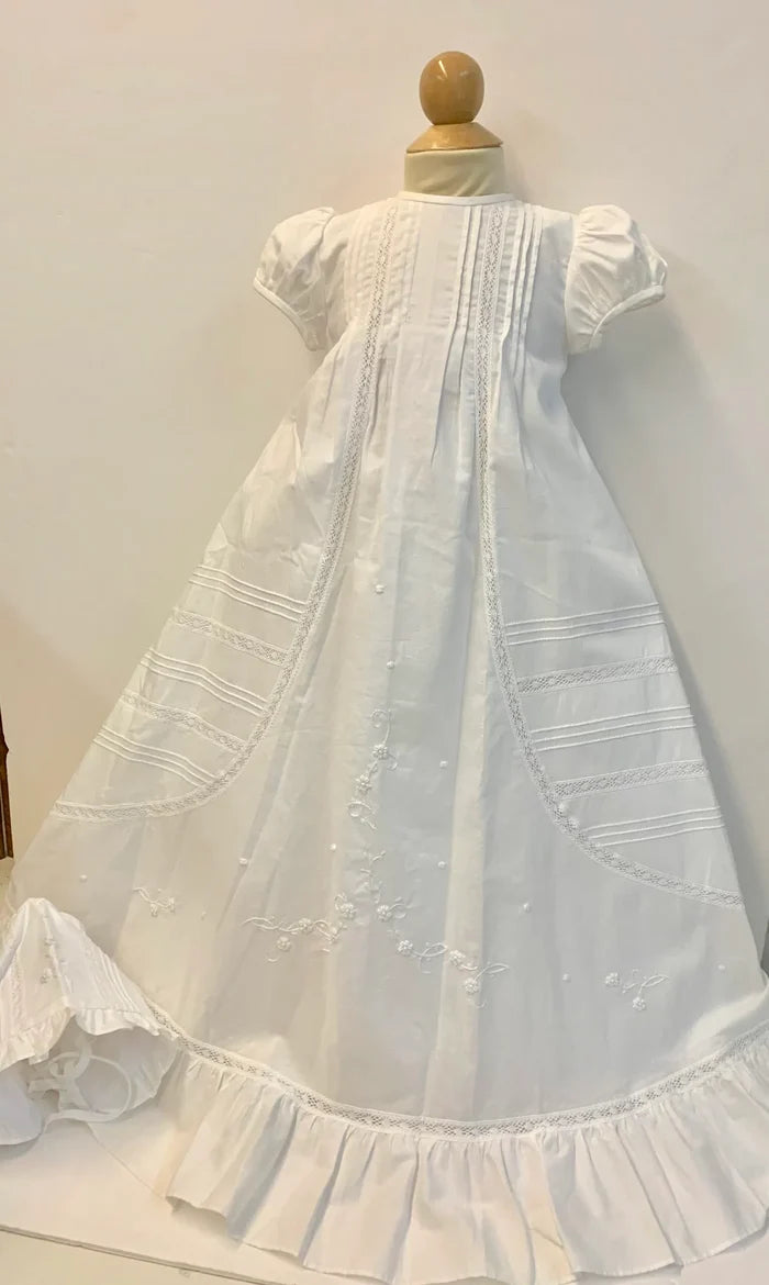 Willbeth Pleated Gown w/ Ruffle Bottom & Bonnet