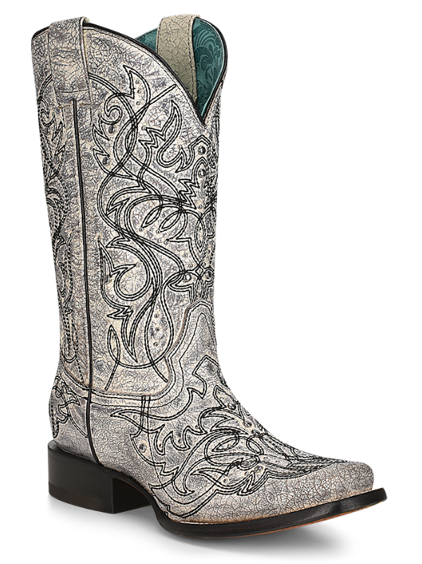 Women's Corral square toe boot with black and white embroidery giving a distressed look.