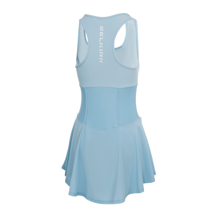 Selkirk pickleball women's dress in white, blue, and black.