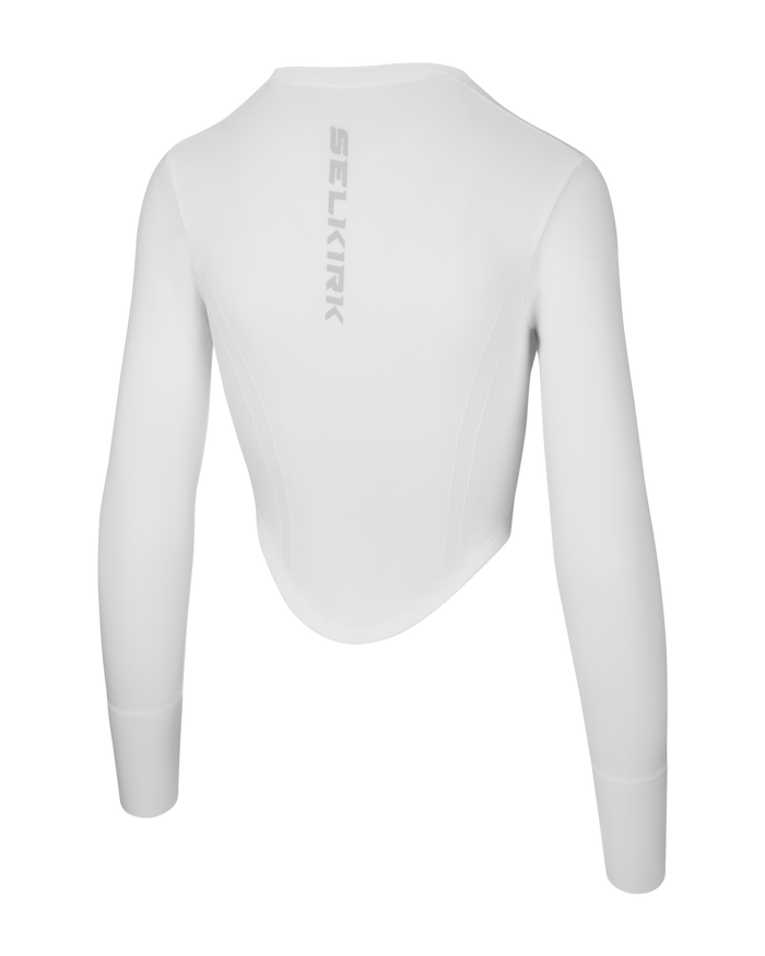 Back view of white long-sleeve compression top with vertical 'SELKIRK' logo down the center back.
