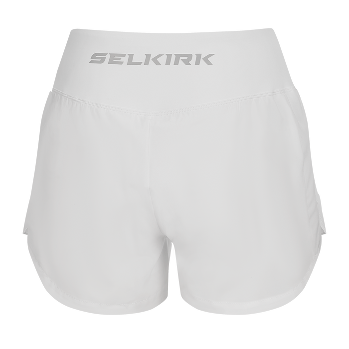 Selkirk pickleball women's shorts in purple, blue, black, and white.