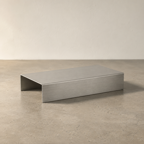 Wide rectangular stainless steel display riser with two folded legs.