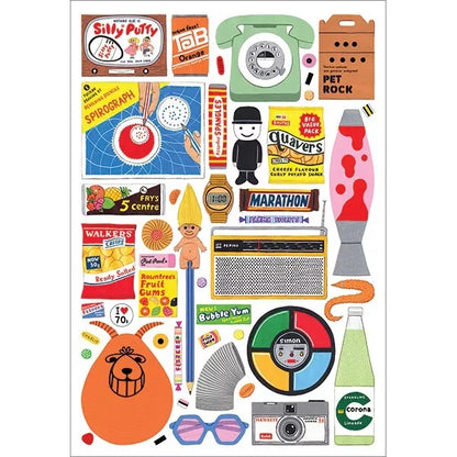 happily puzzle image of A colorful 1000-piece jigsaw puzzle with various iconic images and objects from the 1970s.