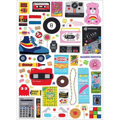happily puzzle image of A jigsaw puzzle with pieces depicting various retro-themed images such as cassette tapes, video game consoles, and other 1980s memorabilia.