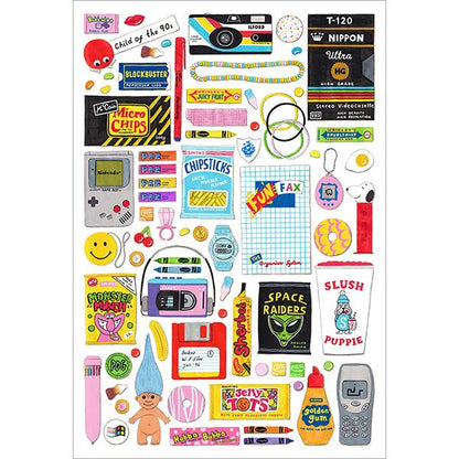 happily puzzle image of A colorful 1000-piece jigsaw puzzle featuring nostalgic illustrations of 1990s pop culture, including retro gadgets and brands.