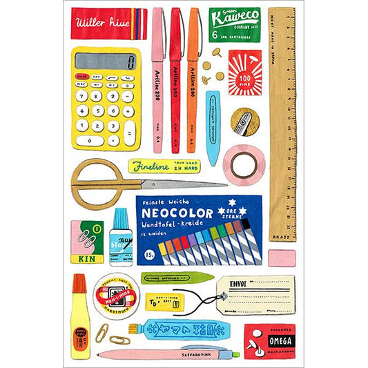happily puzzle image of A completed jigsaw puzzle depicting various whimsical illustrations of stationery items like pens, paper, calculator, and tape measure.