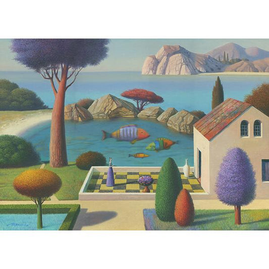 A 1000-piece jigsaw puzzle from heye titled "Big Fishes" depicting a vibrant scene with big fish in an underwater world, featuring a house, chess board, and lush landscape.