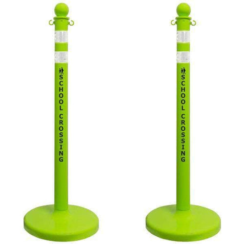 2.5 in. 'SCHOOL CROSSING' Safety Green Plastic Ball Top Stanchion - Crowd Control Warehouse
