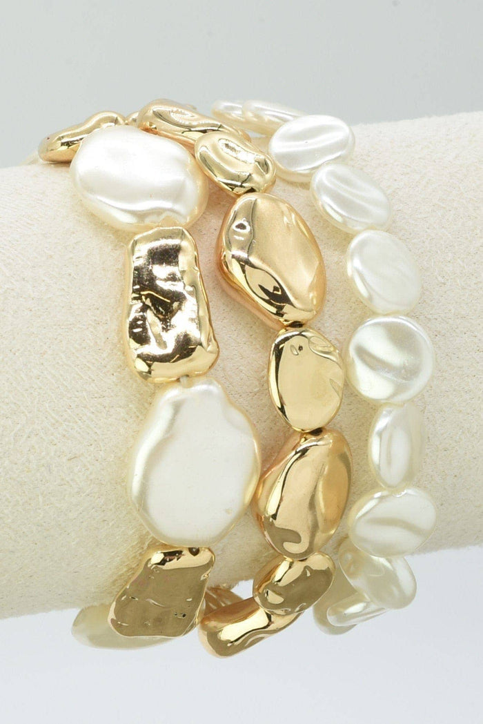 3 Piece CCB Pearl Stretch Bracelet Set: Gold