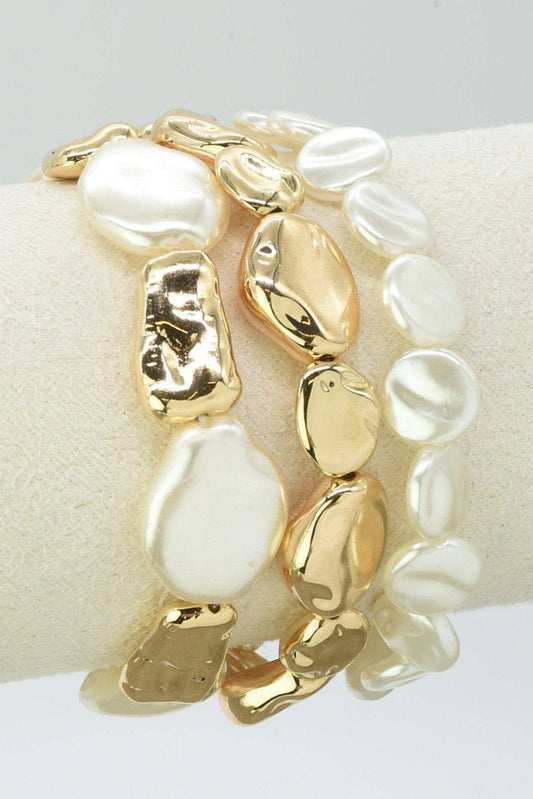 3 Piece CCB Pearl Stretch Bracelet Set: Gold