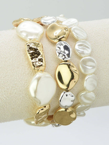 3 Piece CCB Pearl Stretch Bracelet Set: Gold