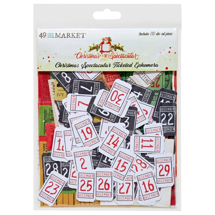 49 And Market - Ephemera - Christmas Spectacular 2023 - Ticketed. 110 mix and match die-cut pieces. Pack is comprised of tickets, music sheets and receipt cards. Pieces are die-cut from heavy weight cardstock. Available at Embellish Away located in Bowmanville Ontario Canada.