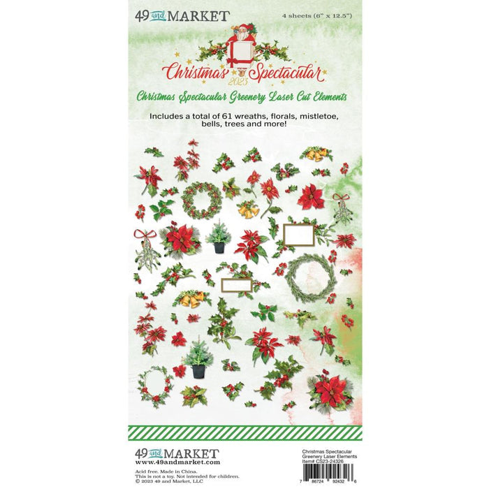 49 And Market - Laser Cut Outs - Greenery - Christmas Spectacular 2023. The Christmas Spectacular Greenery Laser Cut Elements pack from the includes a total of 61 pieces. Elements include wreaths, holly, poinsettias. mistletoe and more! Available at Embellish Away located in Bowmanville Ontario Canada.