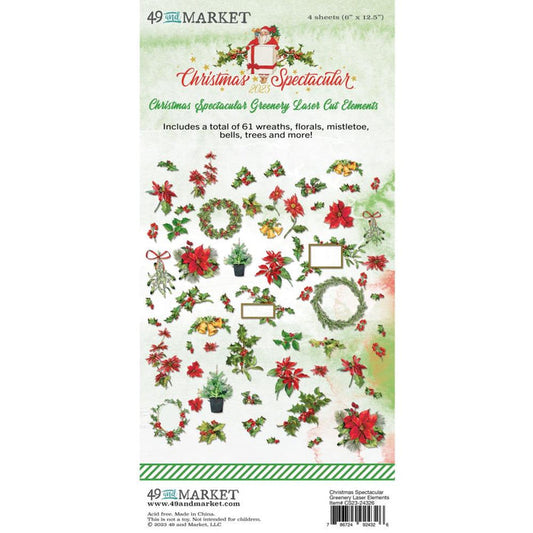 49 And Market - Laser Cut Outs - Greenery - Christmas Spectacular 2023. The Christmas Spectacular Greenery Laser Cut Elements pack from the includes a total of 61 pieces. Elements include wreaths, holly, poinsettias. mistletoe and more! Available at Embellish Away located in Bowmanville Ontario Canada.
