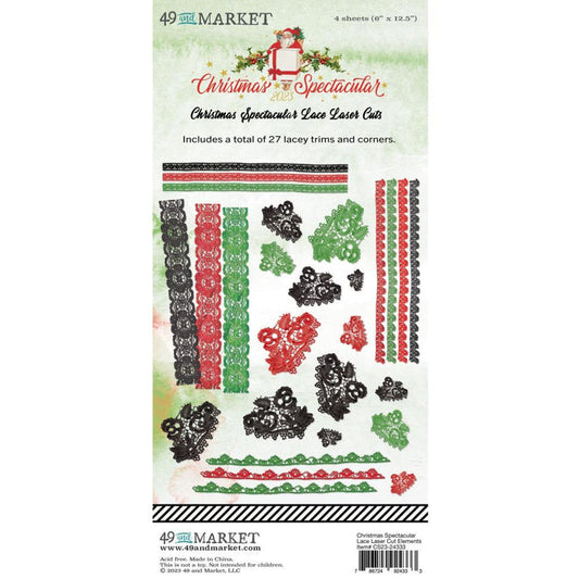 49 And Market - Laser Cut Outs - Lace -Christmas Spectacular 2023. This pack includes a total of 27 pieces. These printed and cut lace strips and pieces are an ideal additional to any project without the bulk. Available at Embellish Away located in Bowmanville Ontario Canada.