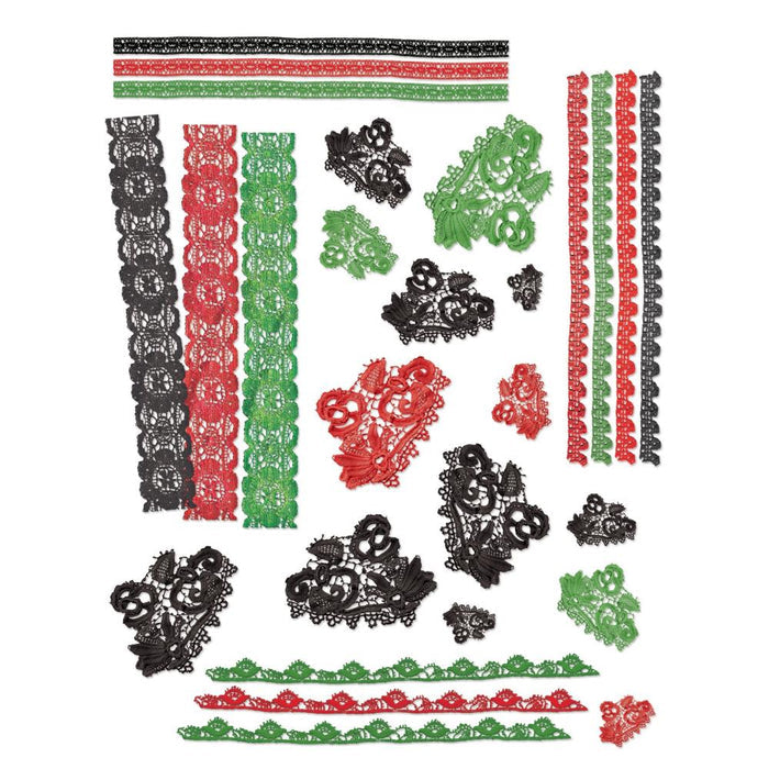 49 And Market - Laser Cut Outs - Lace -Christmas Spectacular 2023. This pack includes a total of 27 pieces. These printed and cut lace strips and pieces are an ideal additional to any project without the bulk. Available at Embellish Away located in Bowmanville Ontario Canada.