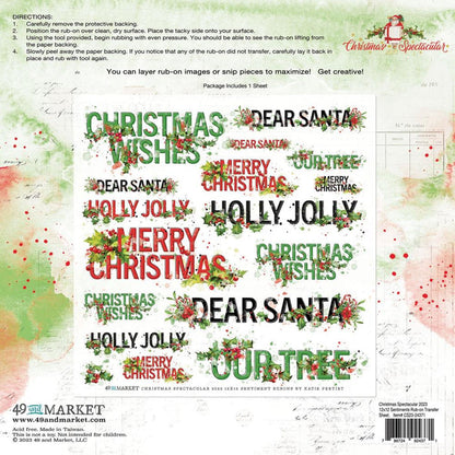 49 And Market - Rub-Ons 12"X12" - Christmas Spectacular 2023 - Sentiments. One 12"x12" sheet of rub-on transfers. A variety of various sentiments in black and white. They can be applied to a variety of clean surfaces for a unique and beautiful effect. Available at Embellish Away located in Bowmanville Ontario Canada.
