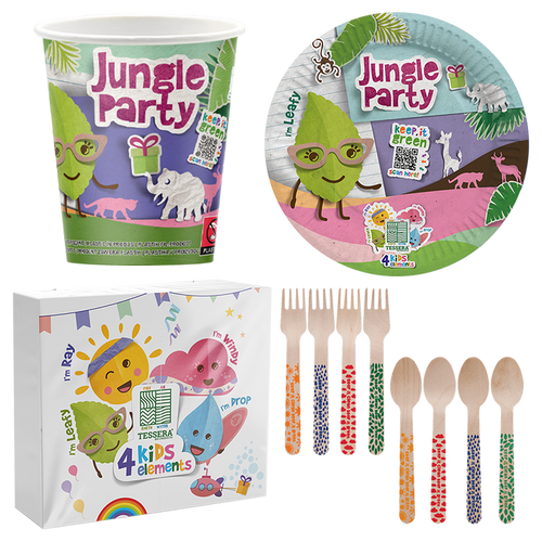 Intertan Disposable Tableware 16 x Cups Plates Forks & Spoons / 20 x Napkins / For a Party of 16 4KIDS Elements Jungle Party Set