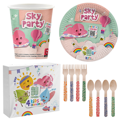 Intertan Disposable Tableware 16 x Cups Plates Forks & Spoons / 20 x Napkins / For a Party of 16 4KIDS Elements Sky Party Set