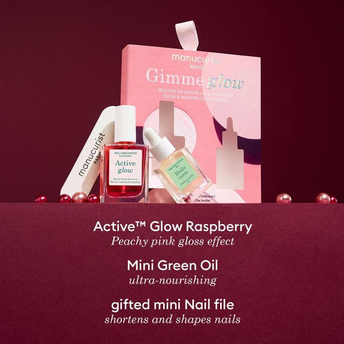 The Manucurist 5min' Glow Manicure set comes in a pink "Gimme glow" box with Active™ Glow Raspberry polish, Mini Green cuticle oil, mini nail file, and decorative pearls—ideal for pampering or gifting as a festive ornament.