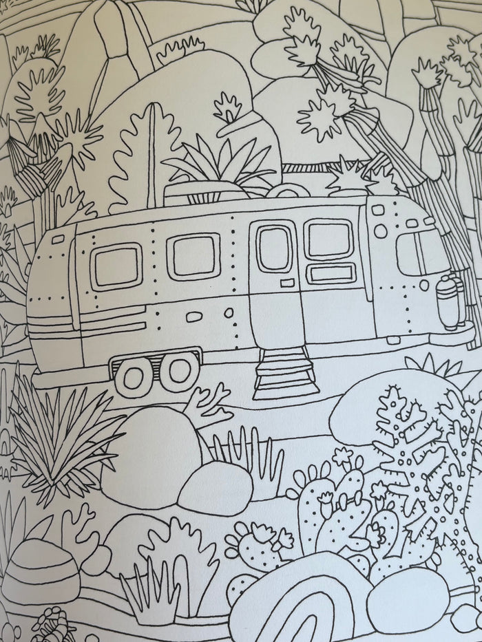 Outline drawing of a camper van surrounded by plants and nature