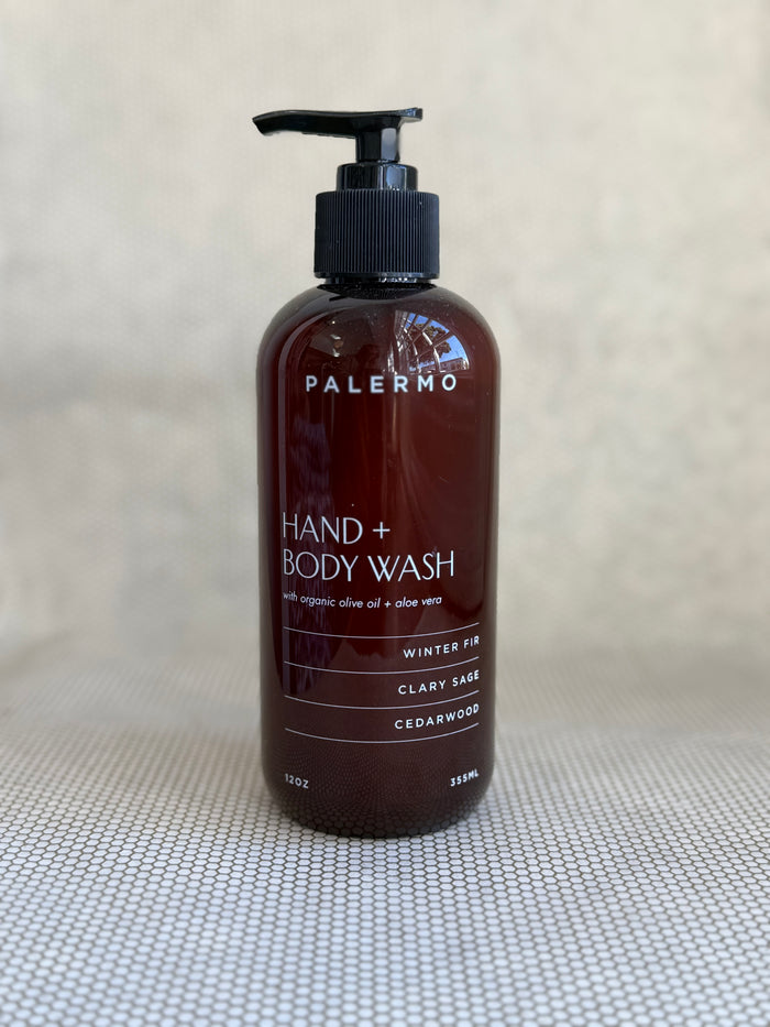 brown pump bottle of Palermo hand and body wash on neutral background.