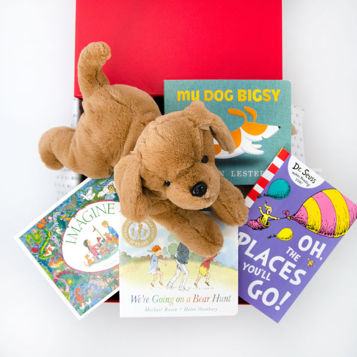 A collection of children's books and a plush toy dog presented in a red gift box. 

Price: 125