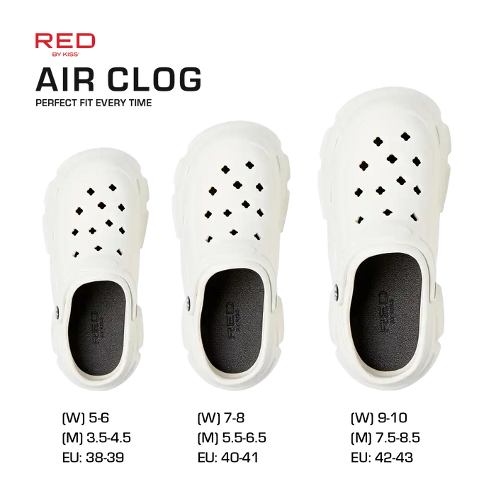 RED BEAUTY by KISS white air clog shoes trio in small medium large on black background for casual comfort