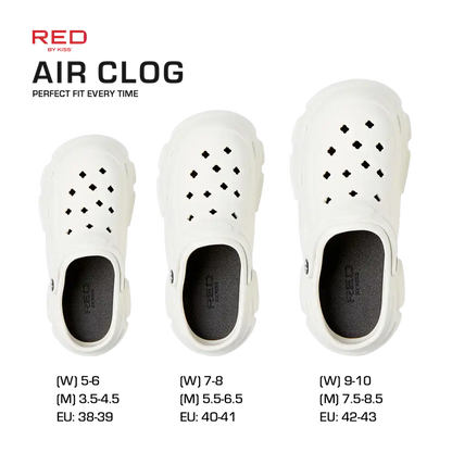 RED BEAUTY by KISS white air clog shoes trio in small medium large on black background for casual comfort