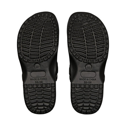 RED BEAUTY by KISS black air clog sandals viewed from soles showing textured tread size 36