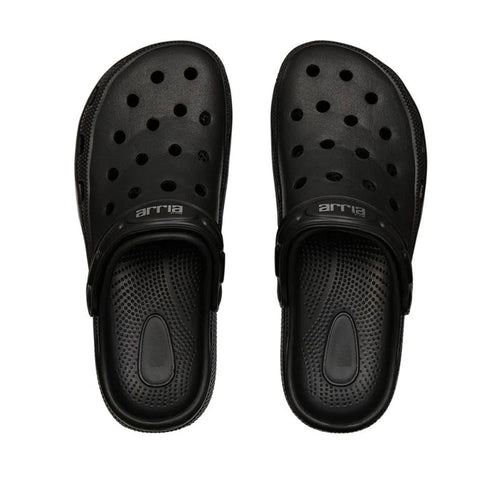 black air clog sandals RED BEAUTY by KISS top view pair with ventilation holes textured footbed and heel strap