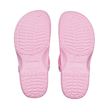 RED BEAUTY by KISS pink air clog classic pair showing textured non slip soles and heel strap