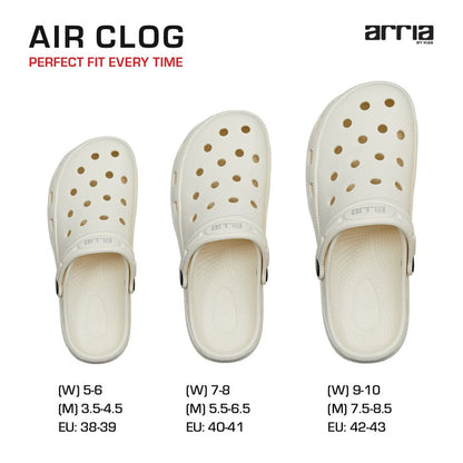 RED BEAUTY by KISS white air clog shoes trio with ventilation holes and heel strap shown in three sizes