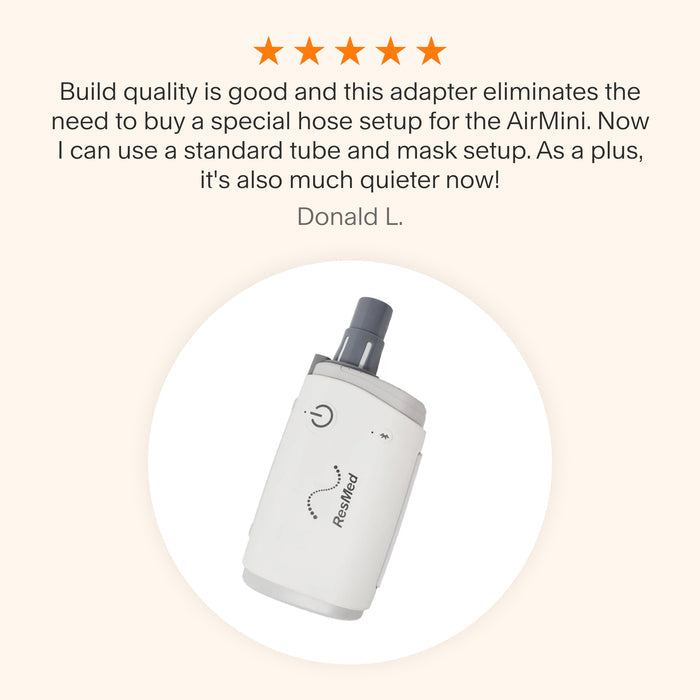 Testimonial praising the Zephair AirMini Tube Adapter for its sturdy build, enabling the use of standard tubing and masks, and reducing noise for a quieter experience.