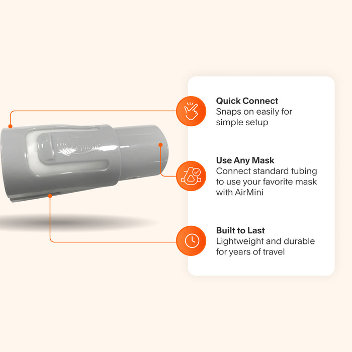 Zephair AirMini Tube Adapter featuring compatibility with standard tubing for any mask, easy snap-on setup, and durable design for long-lasting travel use.