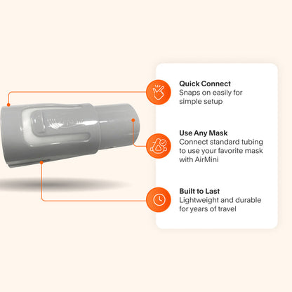 Zephair AirMini Tube Adapter featuring compatibility with standard tubing for any mask, easy snap-on setup, and durable design for long-lasting travel use.