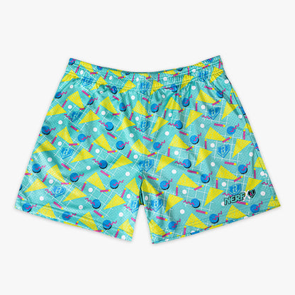 Blue youth shorts with “Ambush Hitter” design — front view