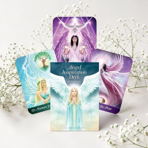 Angel Inspiration Deck tarot cards with a white background and small flowers.