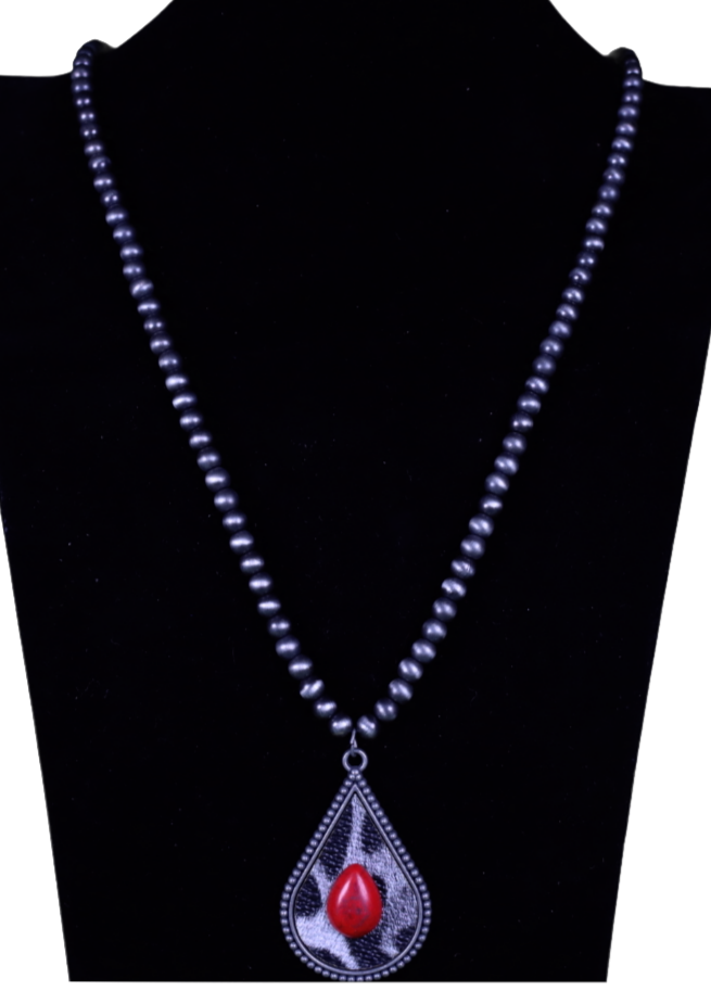 Animal Print Tear Drop Necklace w/Stone & Navajo Beads NKZ190825-11