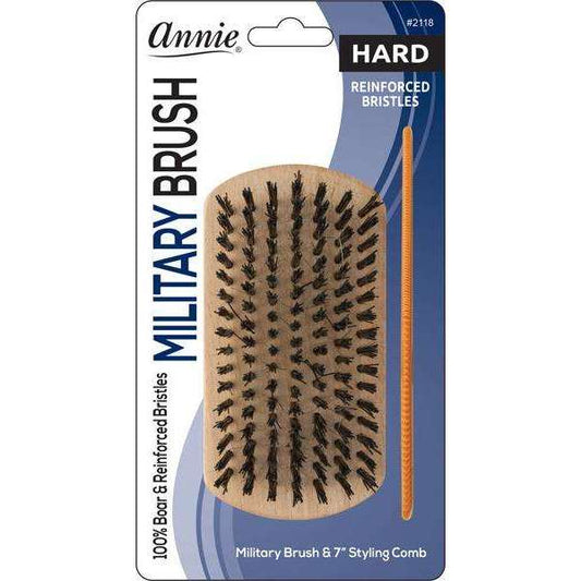 Annie Hard Wooden Military Brush & Comb Set, Boar & Nylon Bristle, Light Brown