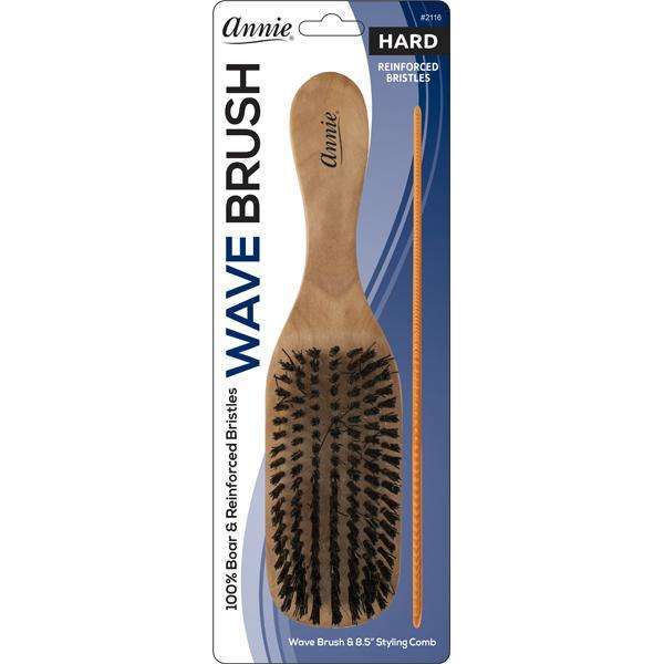Annie Hard Wooden Wave Brush & Comb Set, Boar & Nylon Bristle, Light Brown