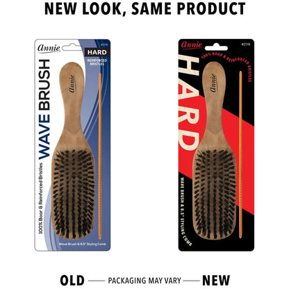 Annie Hard Wooden Wave Brush & Comb Set, Boar & Nylon Bristle, Light Brown