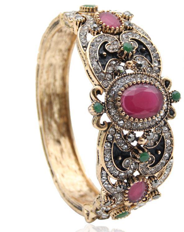 Pretty Classic Rhinestone Red Green Crystal Round Resin Bangle Antique Fashion Jewelry Cuff Bracelet - EonShoppee