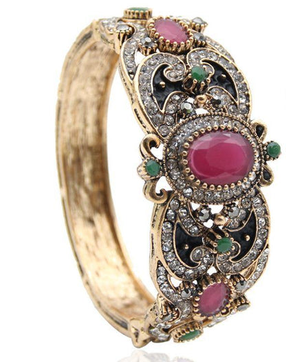Pretty Classic Rhinestone Red Green Crystal Round Resin Bangle Antique Fashion Jewelry Cuff Bracelet - EonShoppee