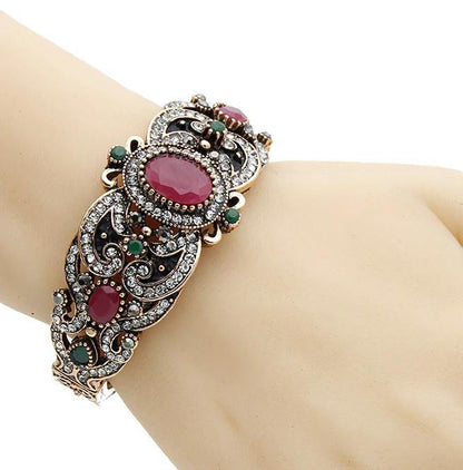 Pretty Classic Rhinestone Red Green Crystal Round Resin Bangle Antique Fashion Jewelry Cuff Bracelet - EonShoppee